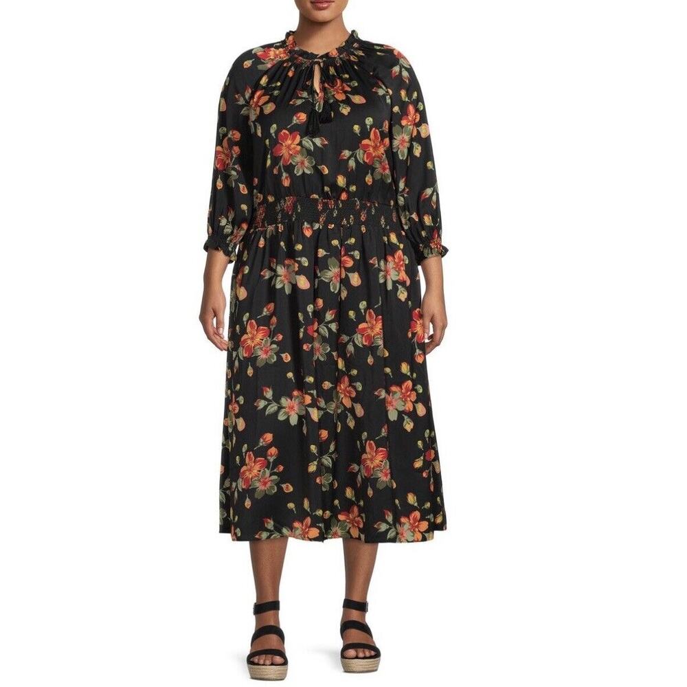 Terra & Sky 14W Boho Floral Midi Dress NWT Black Tassel Romantic Smocked